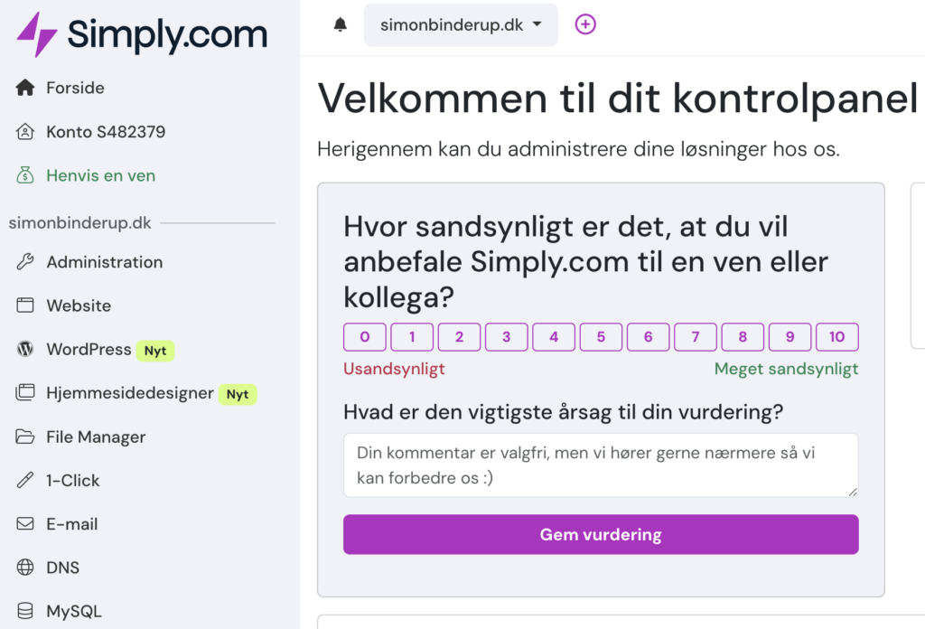 Log in på Simply kontrolpanel